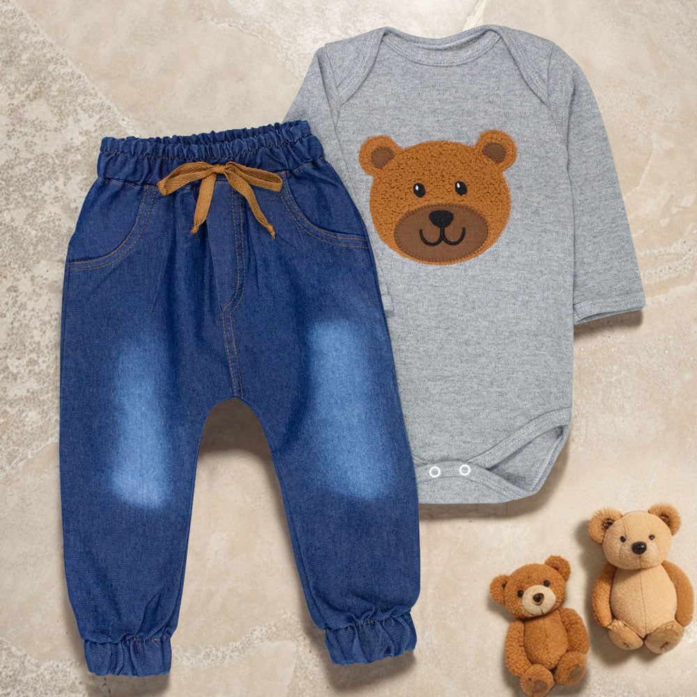 Conjunto Para Bebê Urso Body Bordado Mesc...