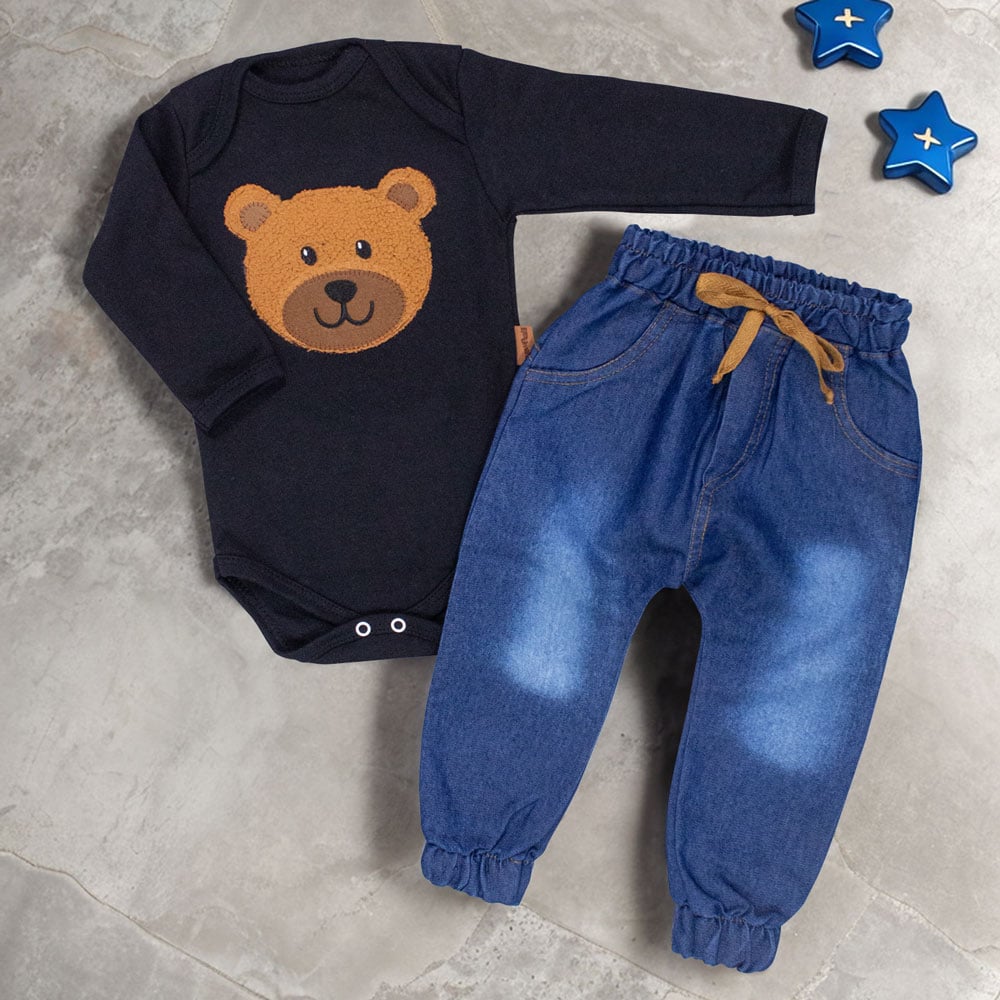 Conjunto Bebê Urso Charmoso Body Preto Bo...
