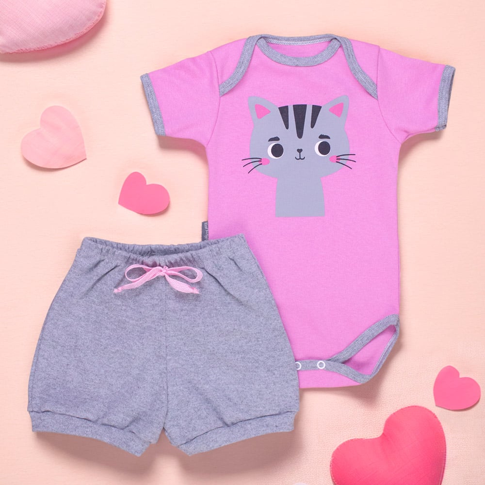 Conjunto Curto Bebê Gatinha Mescla Look F...