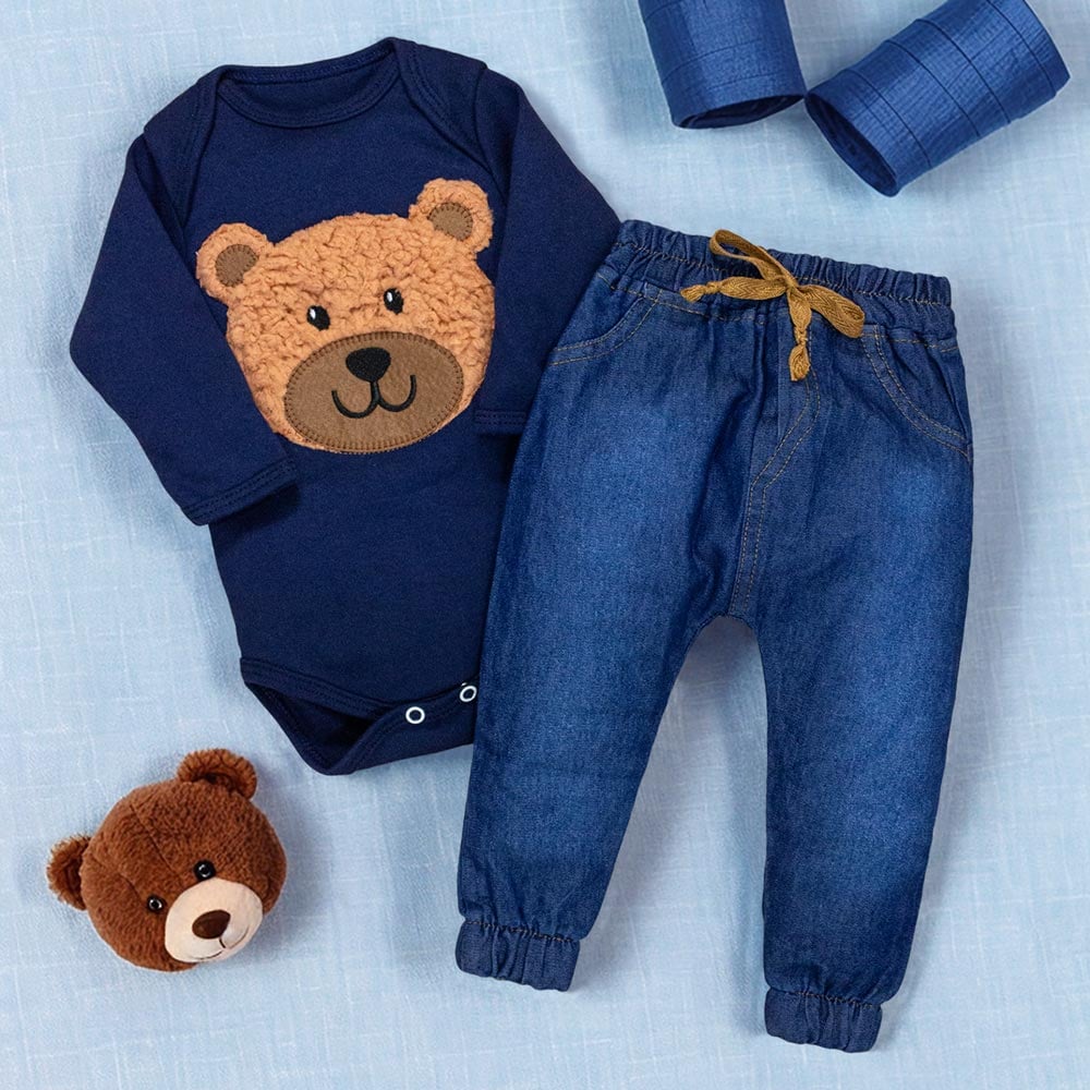 Conjunto Para Bebê Body E Calça Jeans Bor...